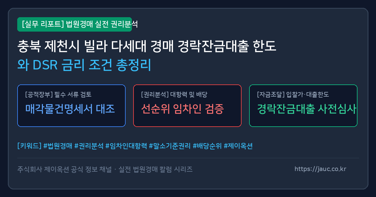 충북 제천시 빌라 다세대 경매 경락잔금대출 한도 및 DSR 금리 조건을 정리한 인포그래픽 리포트